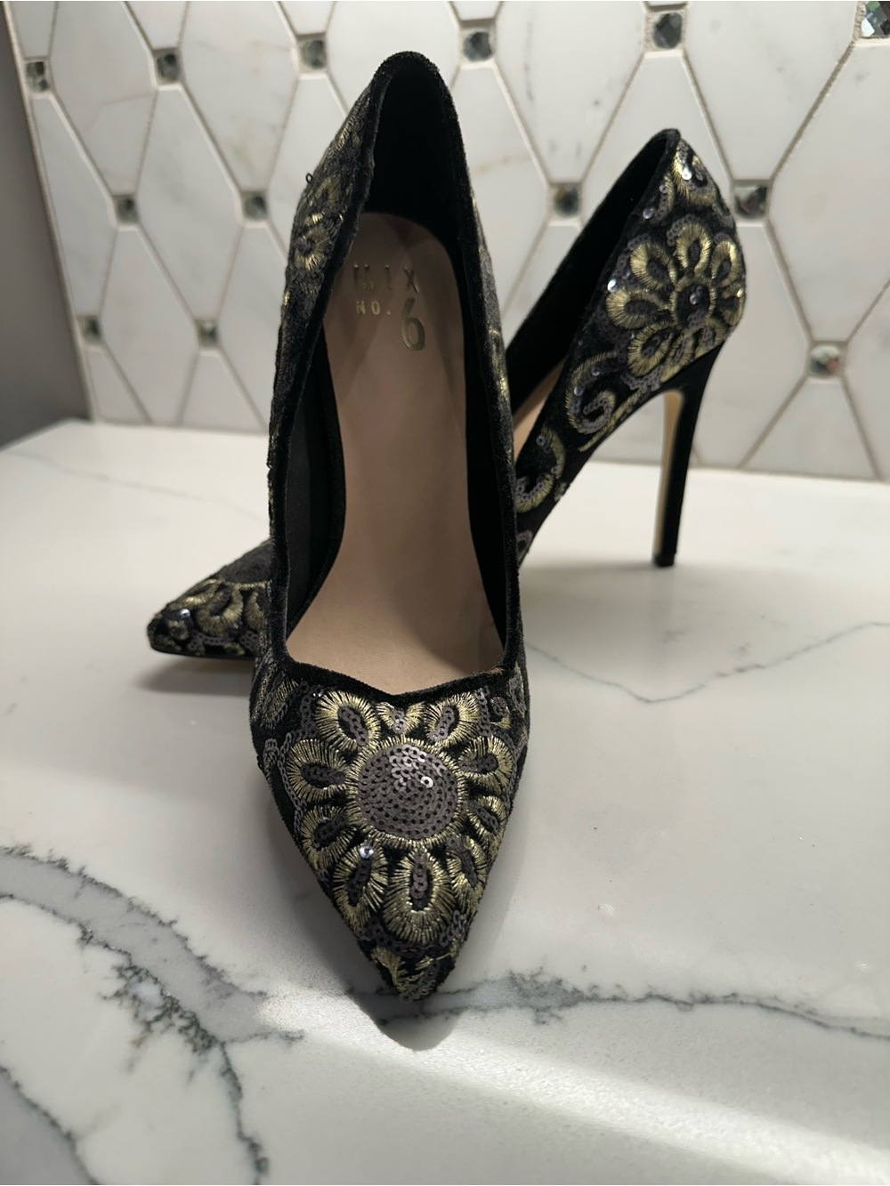 Mix No. 6 Black and Gold Embroidered Pointed Toe Heels